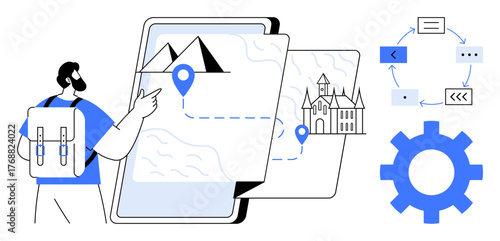 Backpacker interacting with a digital map on a tablet showing travel routes, landmarks, and locations. Includes gear and flowchart. Ideal for travel, planning, navigation, tech, design thinking