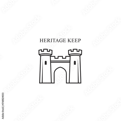 A simple black and white line drawing of a castle gateway with two towers on a white backdrop