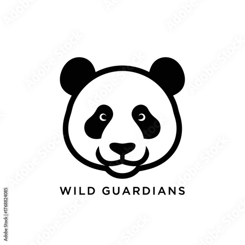 A stylized black and white illustration of a panda face with text below