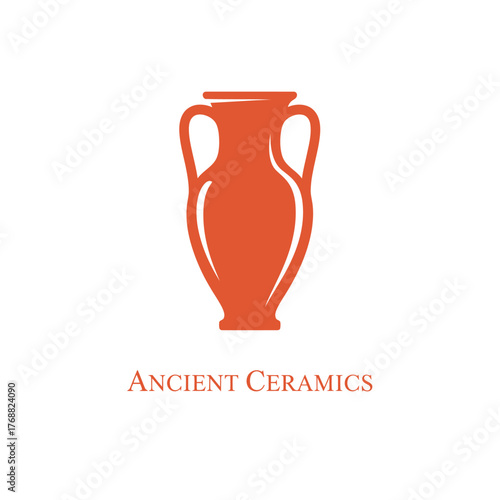 A symmetrical orange graphic depicting a classic amphora with two handles and a label below