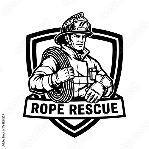 A black and white illustration of a firefighter holding a rope, enclosed within a badge shape