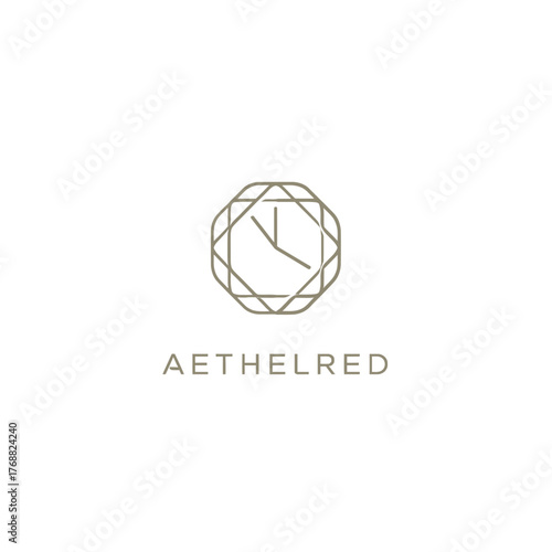 Minimalist clock logo, octagonal outline, hour and minute hands. Simple design with text below on white