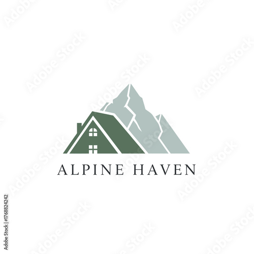 A house silhouette in green sits before a gray mountain range. Clean design on white background