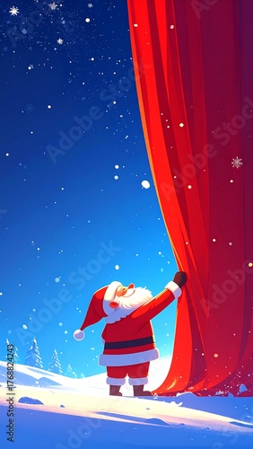 Santa Claus Pulling Red Curtain - Winter Snowy Background - Festive Christmas Concept Art - AI Generative