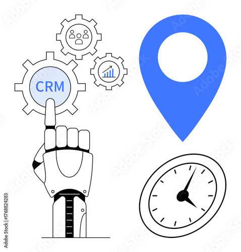 Robotic hand pointing at CRM gear with analytics and user gears, blue location pin, clock. Ideal for automation, CRM, analytics, technology, time management workflow decision-making. Simple flat