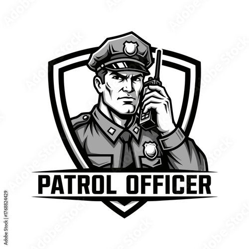 A grayscale police officer in uniform with a radio and a shield around him