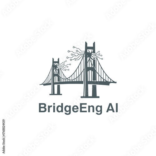 A grayscale logo depicting a suspension bridge design, integrated with circuit board elements