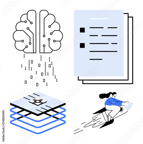 Brain with binary code, stacked data layers, documents, and a woman on a rocket. Ideal for AI, data, innovation, learning technology progress documentation. Clean simple flat metaphor