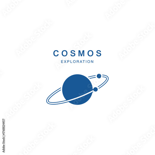 A dark blue planet with rings and two orbiting spheres, beneath text. White background
