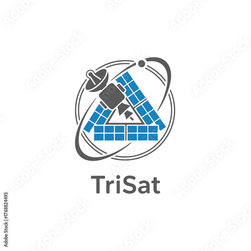 A modern logo featuring a stylized satellite design with solar panels, a dish, and orbital elements