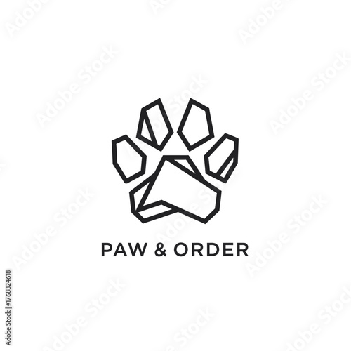 A minimalistic paw print logo, comprised of geometric line art, set against a pristine white background