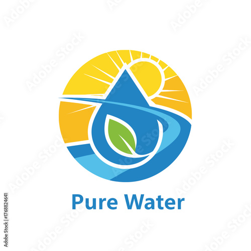 Colorful logo featuring water droplet with a leaf. Sun and water body are depicted with a clean design