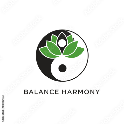 A yin-yang symbol featuring a green lotus flower within, surrounded by the words "BALANCE HARMONY