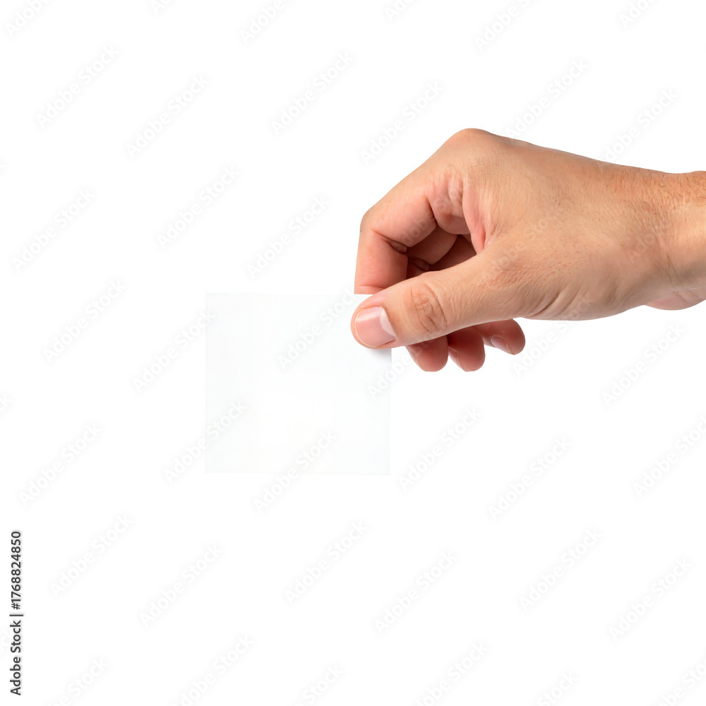 Obraz premium A hand firmly grasps a blank white square card from the top right corner, presenting the empty space against a clean light gray background.