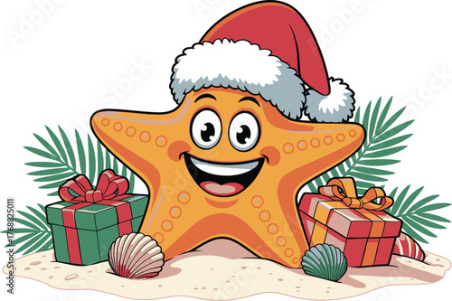 Cartoon starfish wearing Santa hat with gifts and shells