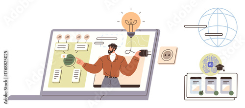 Man presenting an idea visually through a laptop, emphasizing creativity, AI, global network, innovative solutions. Ideal for education, technology, collaboration, teamwork online learning digital