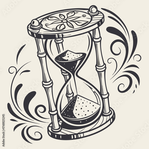 Stylized Hourglass with Swirling Decorative Flourishes time sand