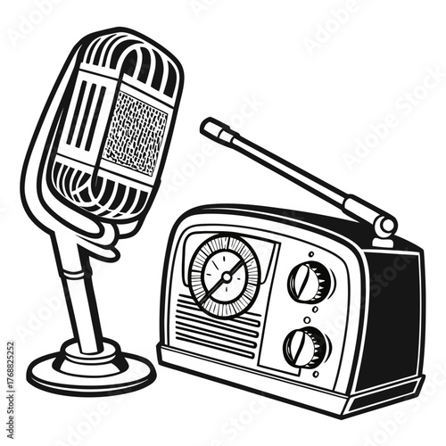 Vintage Microphone and Portable Radio Illustration retro broadcast
