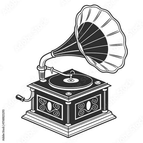 Vintage gramophone with ornate horn and crank on white background antique phonograph