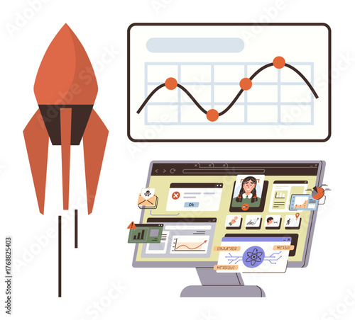Rocket launch symbolizes progress. Data dashboard and rising graph highlight analysis, innovation, performance. Ideal for growth, technology, success, entrepreneurship, strategy planning simple