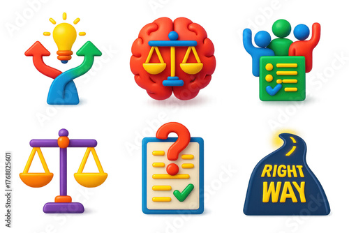 Ethical Decision Icons. 3D icon set of ethical decision making: path with fork and lightbulb, brain with justice symbol, team