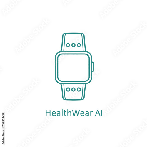 A teal outline smartwatch illustration, minimalist design, with digital face and strap detail