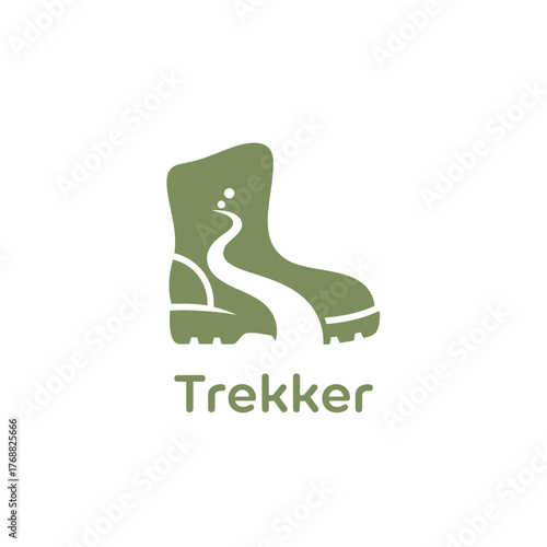 A logo featuring a green hiking boot with a path-like design and the word "Trekker" below
