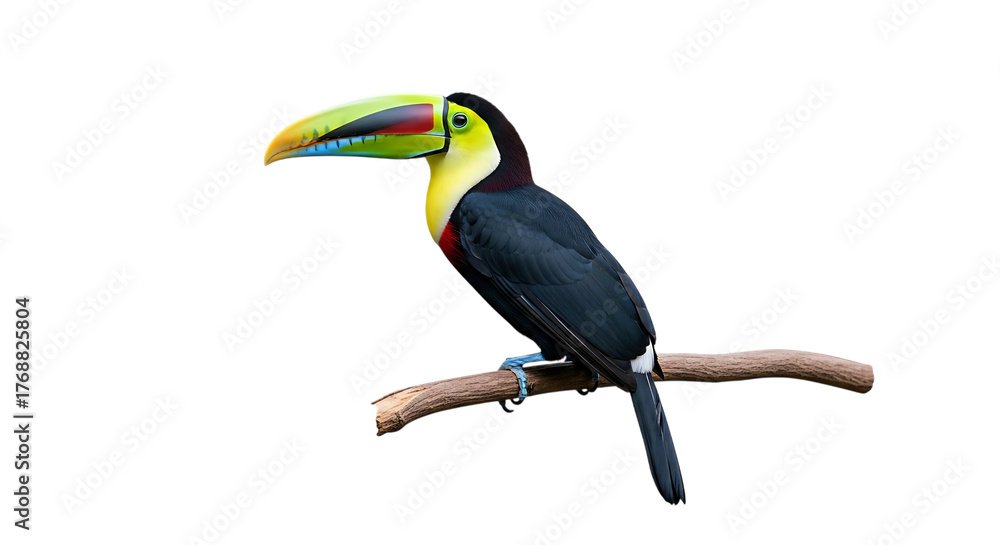 Naklejka premium Colorful toucan bird, with vibrant beak perched on a branch, cutout, PNG isolated on white or transparent background