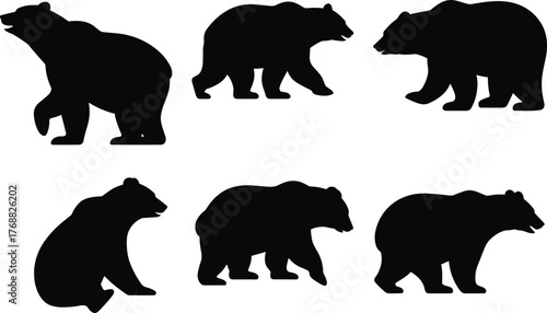 Bear silhouette collection, animal poses, wildlife illustration, black bear shapes, standing walking sitting, isolated white background, nature reference, animal anatomy study