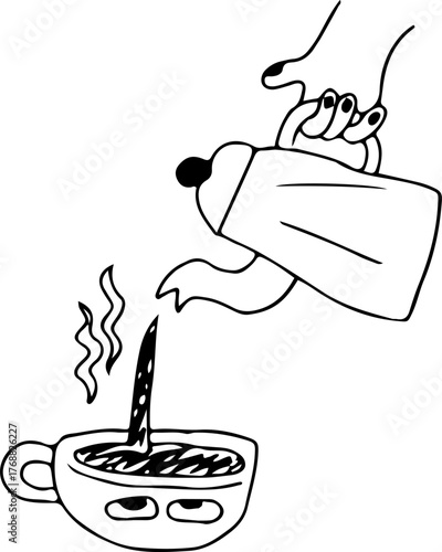 Stylized illustration of a woman's hand pouring fresh hot coffee from a teapot into a whimsical cup with eyes, in a bold grunge style with smooth curved black lines