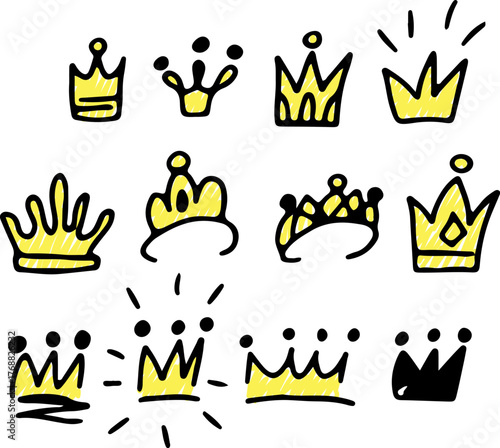 Cartoon icons of royal accessories: golden crowns, tiaras, and diadems, in colorful format. Includes sketch-style line art of crowns, kings, queens. Drawn with black curved lines in grunge style