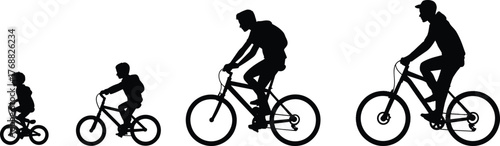 Bicycle rider silhouettes, age progression icons, child to adult cycling graphics, black design, growth symbols, minimal style, vector bike set