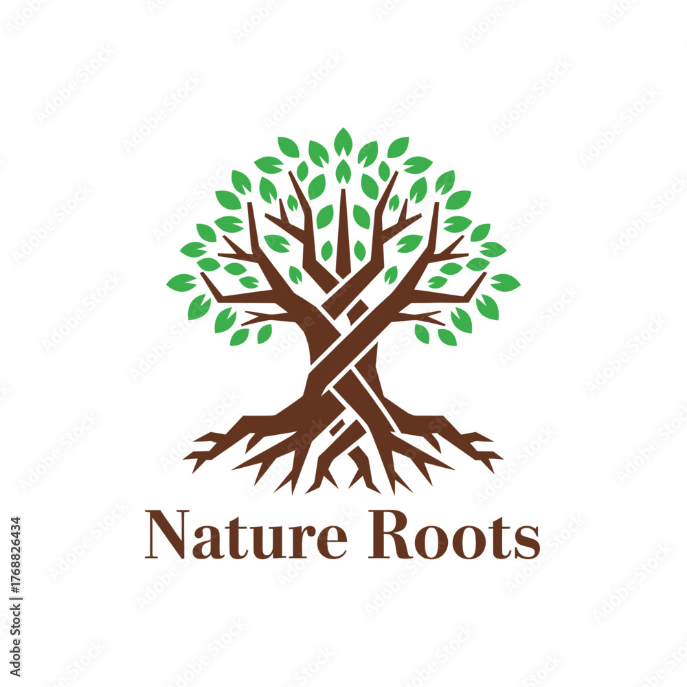 Obraz premium A logo of a stylized tree with intertwined trunk, roots, green leaves, and text below