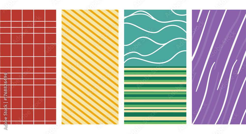 Obraz premium diverse geometric patterns red tile grid yellow diagonal stripe green wave stripe and purple blend ideal for graphic design elements.
