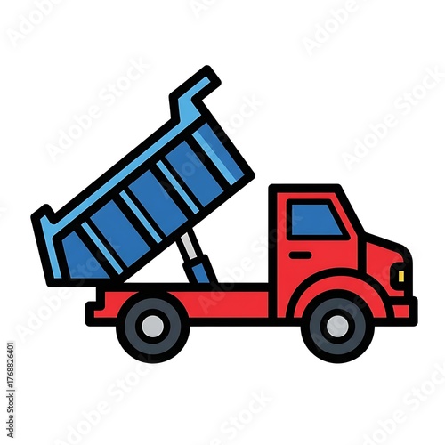 Red dump truck with raised blue cargo bed delivering materials a construction site vehicle isolated on white background