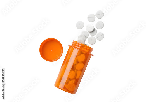 Top view of an orange pill bottle with white pills spilling out, isolated on white or transparent background. PNG