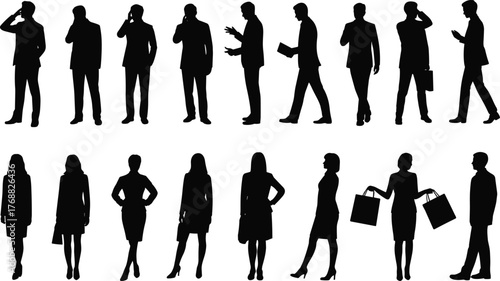 Business people silhouettes, male and female professionals, black vector icons, office poses, formal attire, workplace diversity, minimal design, career, team, corporate