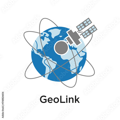 A globe and satellite icon on a white background, with orbiting lines and the text "GeoLink