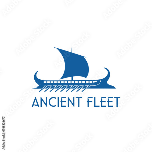 A blue, silhouetted illustration of an ancient galley sailboat with text, on a plain white background