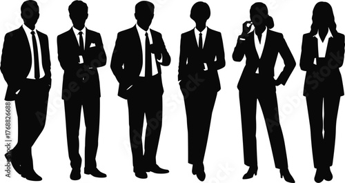 Business silhouettes, professional team, corporate attire, workplace diversity, standing pose, career icons, office people, black shapes, formal group, business scene, team dynamics