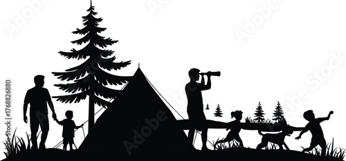 Camping silhouette illustration, family outdoors, tent, children playing, dog, pine trees, binoculars, nature, black and white vector, forest scene, bonding, fun