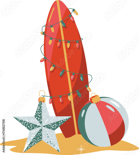 Red surfboard with Christmas lights and ornaments on sand