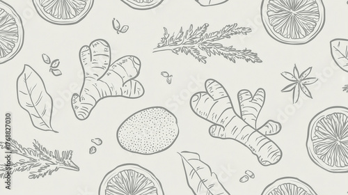 Fototapeta Naklejka Na Ścianę i Meble -  Seamless minimal lineart of herbal cups ginger root citrus slice leaf star anise and herb sprigs, perfect for kitchen decor or tea packaging, with calm and natural vibe