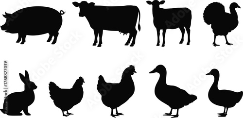 Farm animal silhouettes, black livestock icons, poultry and mammal graphics, nature symbols, rural creature set, minimal design, vector illustration