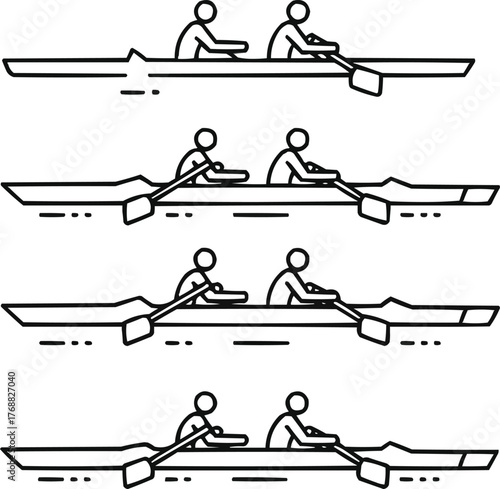 Rowing Boat Outline Icon Set  Single Scull, Double Scull, and Coxed Four Types