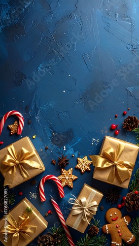 Christmas Flat Lay with Blue and Gold Gifts - Gingerbread Cookies and Candy Canes - Festive Holiday Background - AI Generative