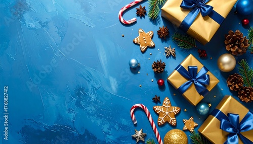 Christmas Background with Blue and Gold Gifts - Holiday Decor and Candy Canes - Copy Space Template - AI Generative