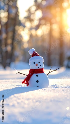 Smiling Snowman in Snow Field - Red Hat and Scarf with Golden Sunlight - Winter Holiday Layout - AI Generative