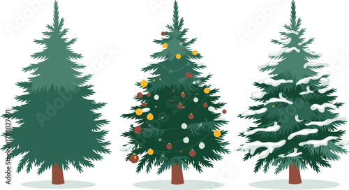 Three Christmas trees one bare one decorated one snow covered