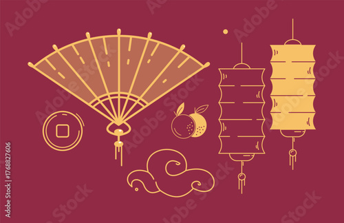 Traditional Chinese elements including fan, lanterns, coin, oranges, and cloud in flat graphic style on red background. Concept of Lunar New Year. Vector illustration